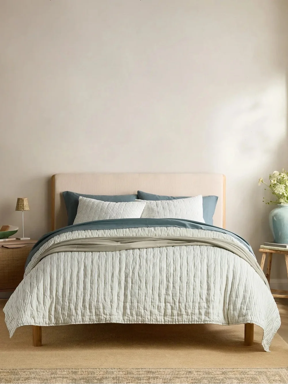 Quince European Linen Patterned Quilt Full/Queen Willowleaf & White Stripe